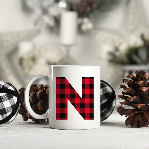 Red and Black Buffalo Plaid Bold Letter N Monogram Coffee Mug