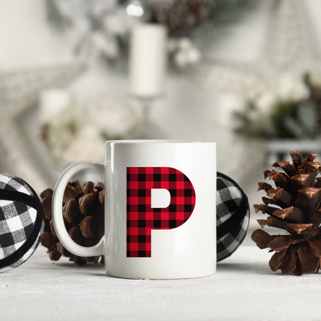 Red and Black Buffalo Plaid Bold Letter P Monogram Coffee Mug (Letter P Monogram Christmas Coffee Cup)