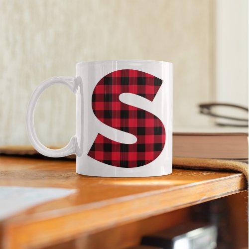 Red and Black Buffalo Plaid Bold Letter S Monogram Coffee Mug
