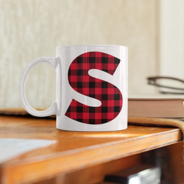 Red and Black Buffalo Plaid Bold Letter S Monogram Coffee Mug (Red and Black Buffalo Plaid Letter S Coffee Cup)