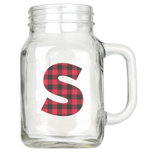 Red and Black Buffalo Plaid Bold Letter S Monogram Mason Jar