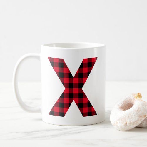 Red and Black Buffalo Plaid Bold Letter X Monogram Coffee Mug