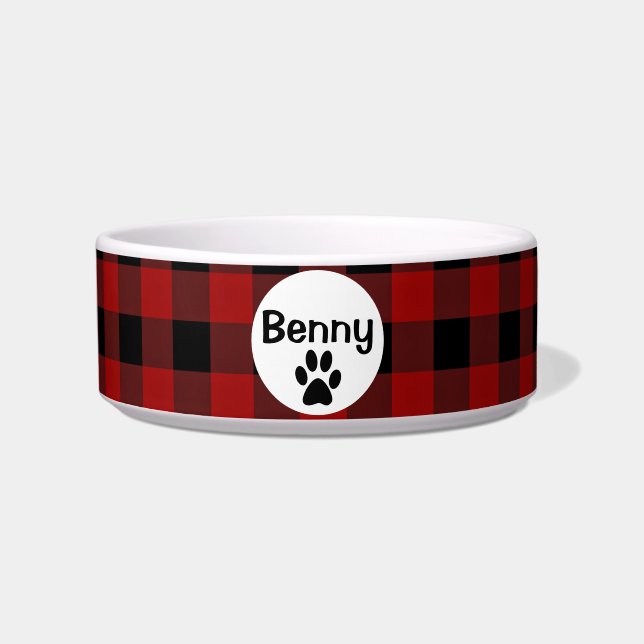 Red and Black Buffalo Plaid Ceramic Pet Bowl (Front)
