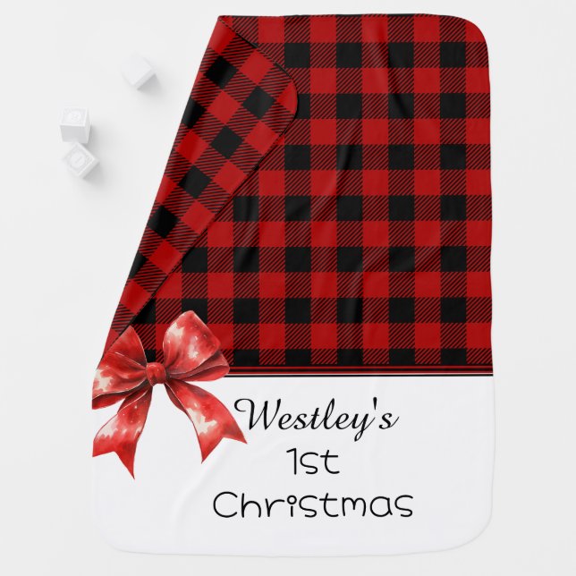 Red and Black Buffalo Plaid Check Christmas Baby Blanket (In Situ)