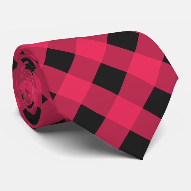 Red and Black Buffalo Plaid Check Patterned Neck Tie (Rolled)