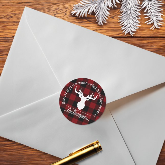 Red and Black Buffalo Plaid Christmas Classic Round Sticker (Creator Uploaded)