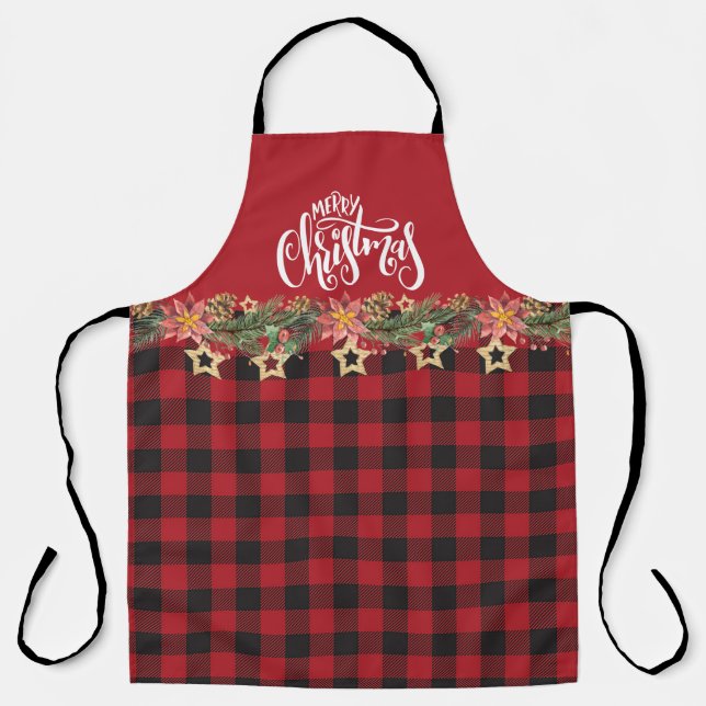 Red And Black Buffalo Plaid - Christmas Floral Apron (Front)