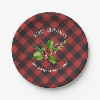 Red and Black Buffalo Plaid  Christmas Paper Plate