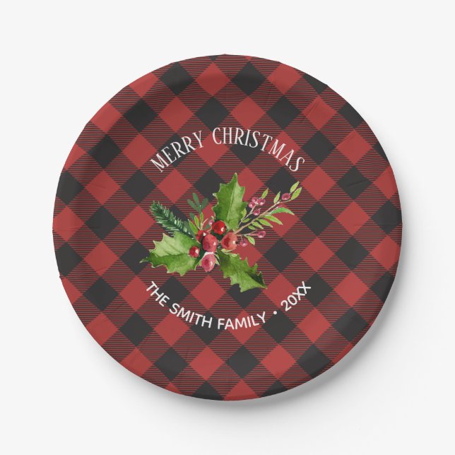Red and Black Buffalo Plaid  Christmas Paper Plates (Front)
