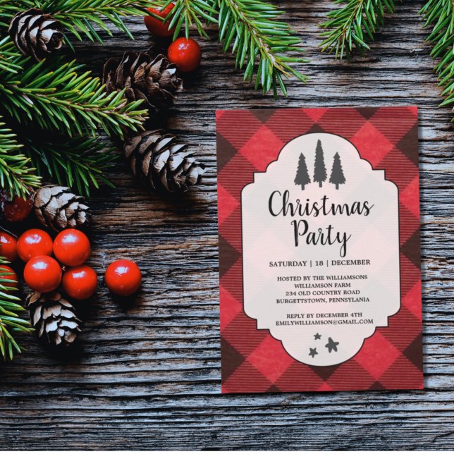 Red and Black Buffalo Plaid Christmas Party Invite (Creator Uploaded)