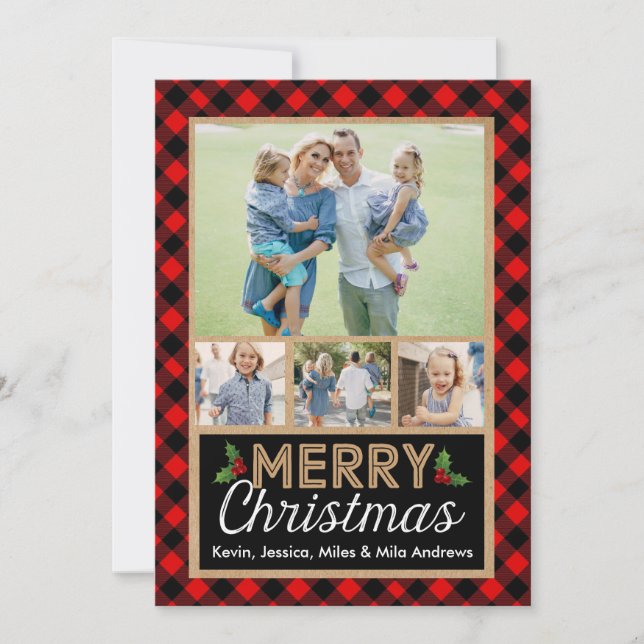 Red and Black Buffalo Plaid Christmas Photo Card (Front)