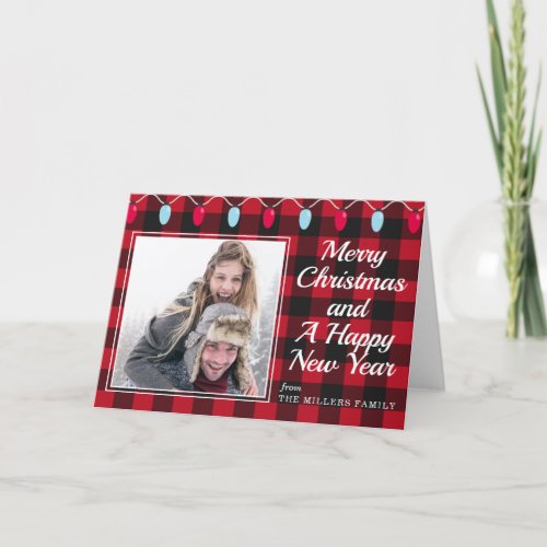 Red and Black Buffalo Plaid Christmas Photo Folded Holiday Card