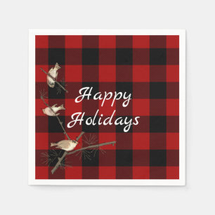 red and black buffalo plaid Christmas with birds Napkins
