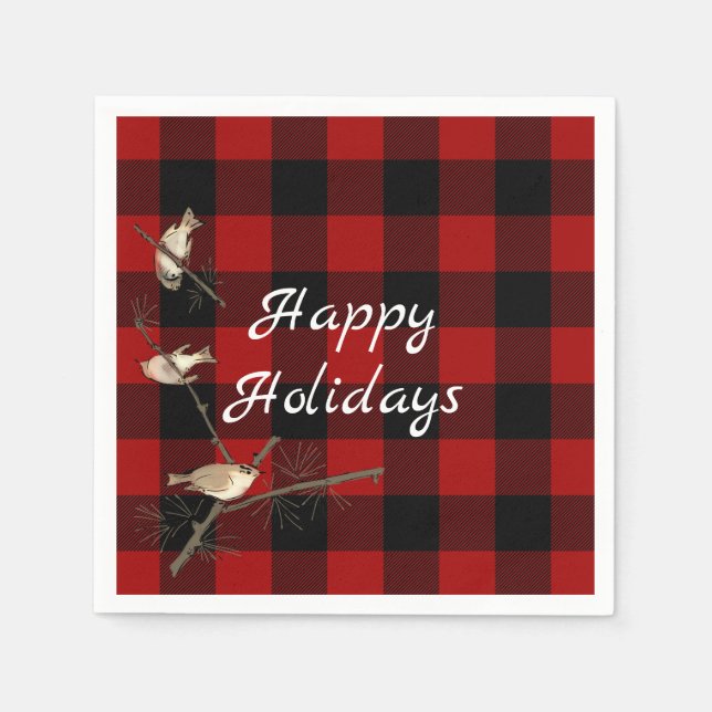 red and black buffalo plaid Christmas with birds Napkins (Front)