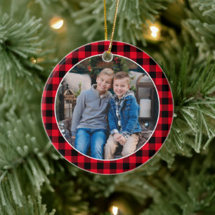 Red and Black Buffalo Plaid Custom Holiday Photo Ceramic Ornament