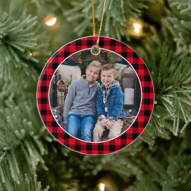 Red and Black Buffalo Plaid Custom Holiday Photo Ceramic Ornament (Tree)