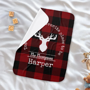 Red and Black Buffalo Plaid Deer Family Name Baby Blanket