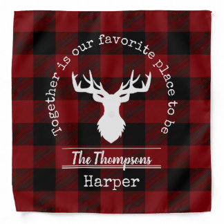 Red and Black Buffalo Plaid Deer Family Name Bandana