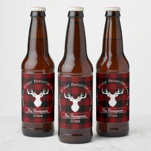 Red and Black Buffalo Plaid Deer Family Name Beer Bottle Label