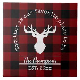 Red and Black Buffalo Plaid Deer Family Name Ceramic Tile