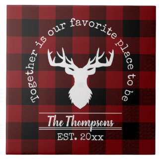 Red and Black Buffalo Plaid Deer Family Name Ceramic Tile