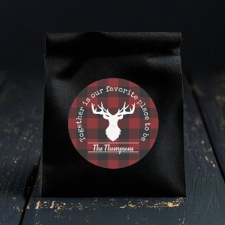 Red and Black Buffalo Plaid Deer Family Name Classic Round Sticker