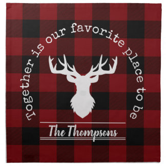 Red and Black Buffalo Plaid Deer Family Name Cloth Napkin