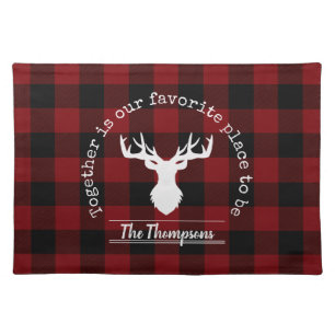Red and Black Buffalo Plaid Deer Family Name Cloth Placemat