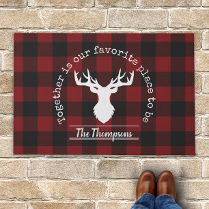 Red and Black Buffalo Plaid Deer Family Name Doormat