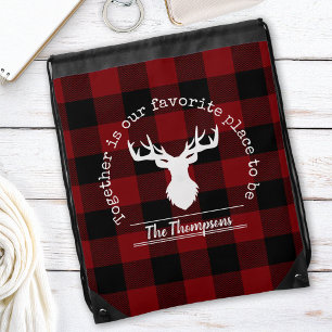 Red and Black Buffalo Plaid Deer Family Name Drawstring Bag