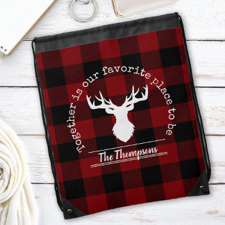Red and Black Buffalo Plaid Deer Family Name Drawstring Bag
