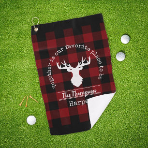 Red and Black Buffalo Plaid Deer Family Name Golf Towel