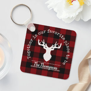 Red and Black Buffalo Plaid Deer Family Name Keychain