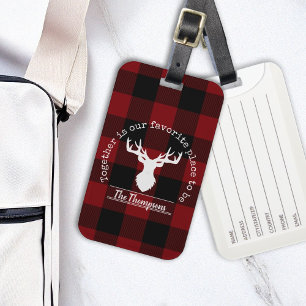 Red and Black Buffalo Plaid Deer Family Name Luggage Tag