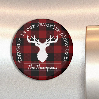 Red and Black Buffalo Plaid Deer Family Name Magnet