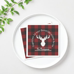 Red and Black Buffalo Plaid Deer Family Name Napkins