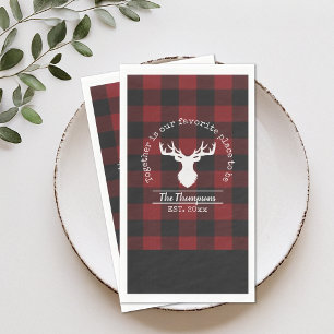 Red and Black Buffalo Plaid Deer Family Name Paper Guest Towels