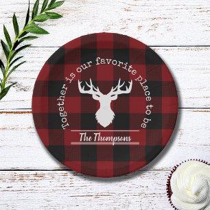 Red and Black Buffalo Plaid Deer Family Name Paper Plates