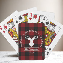 Red and Black Buffalo Plaid Deer Family Name Poker Cards