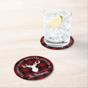 Red and Black Buffalo Plaid Deer Family Name Round Paper Coaster