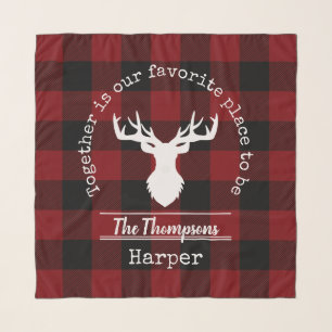 Red and Black Buffalo Plaid Deer Family Name Scarf