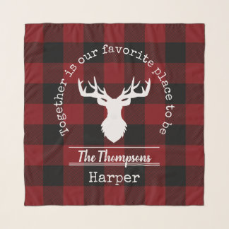 Red and Black Buffalo Plaid Deer Family Name Scarf