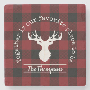 Red and Black Buffalo Plaid Deer Family Name Stone Coaster