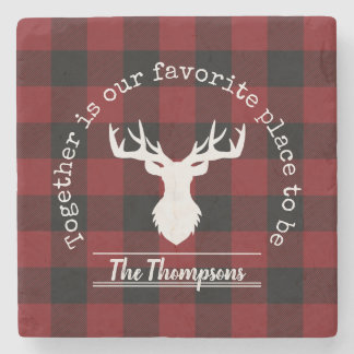 Red and Black Buffalo Plaid Deer Family Name Stone Coaster