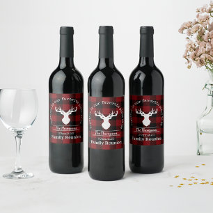 Red and Black Buffalo Plaid Deer Family Name Wine Label