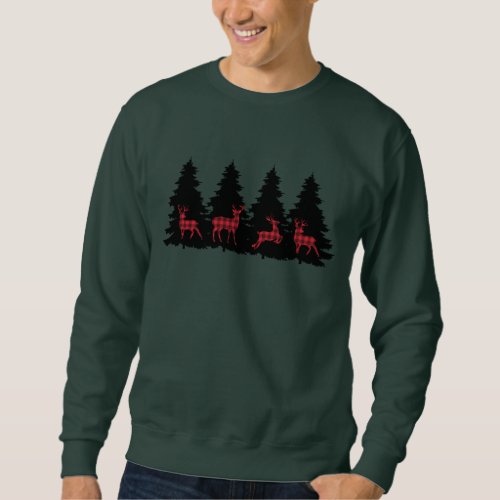 Red and Black Buffalo Plaid Deer in Woods Sweatshirt