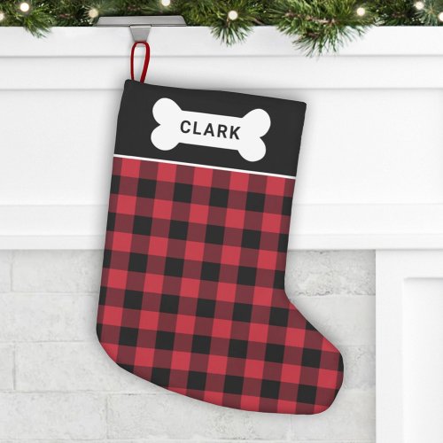 Red and Black Buffalo Plaid Dog Bone Monogram Small Christmas Stocking