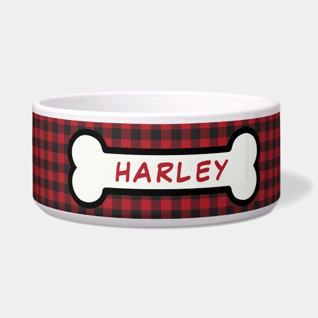 Red and Black Buffalo Plaid Dog Bone Monogrammed Bowl (Front)