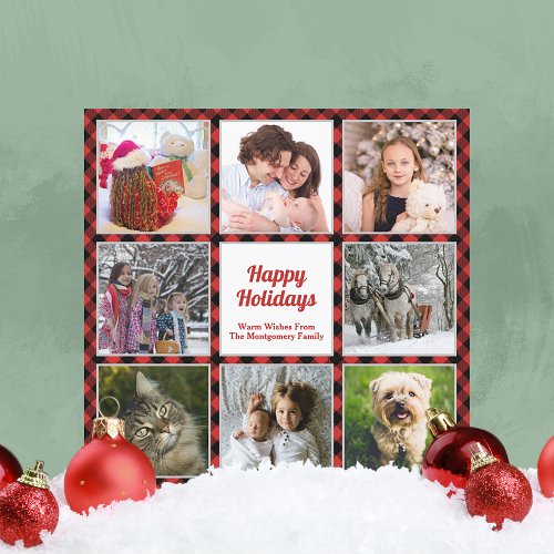 Red and Black Buffalo Plaid Eight Photos Holiday Card