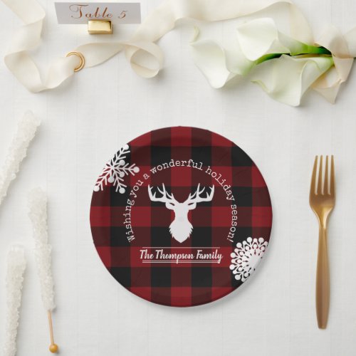 Red and Black Buffalo Plaid Family Christmas Party Paper Plates